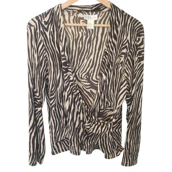 elana by TANNER Silk Brown Tan Zebra Print Wrap LS Blouse Large 18 - Picture 1 of 7